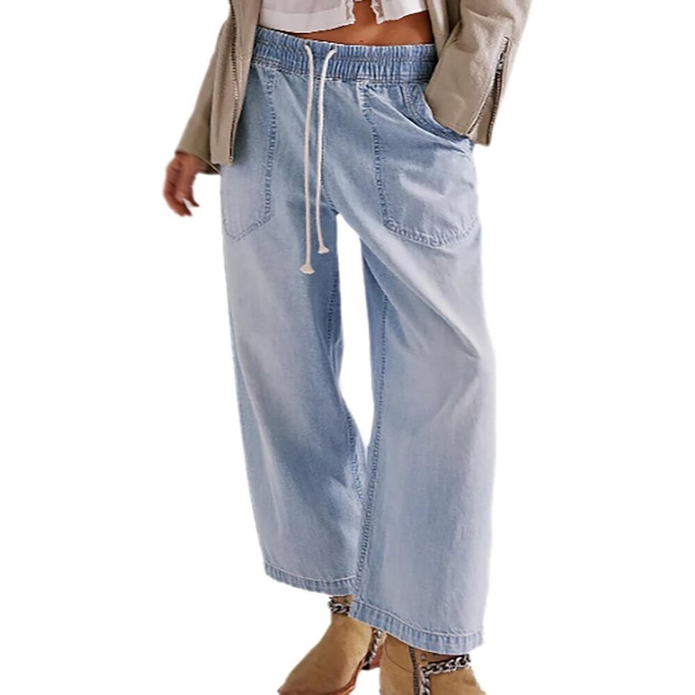 Women's Denim Baggy Jeans Elastic Waist Drawstring Wide Leg Casual Pants